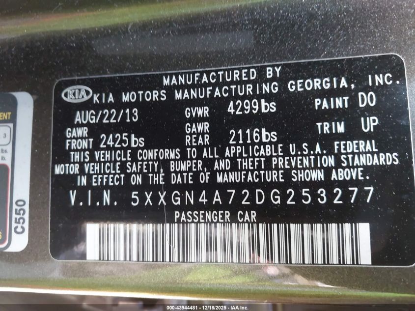 2013 Kia Optima Ex VIN: 5XXGN4A72DG253277 Lot: 43944481