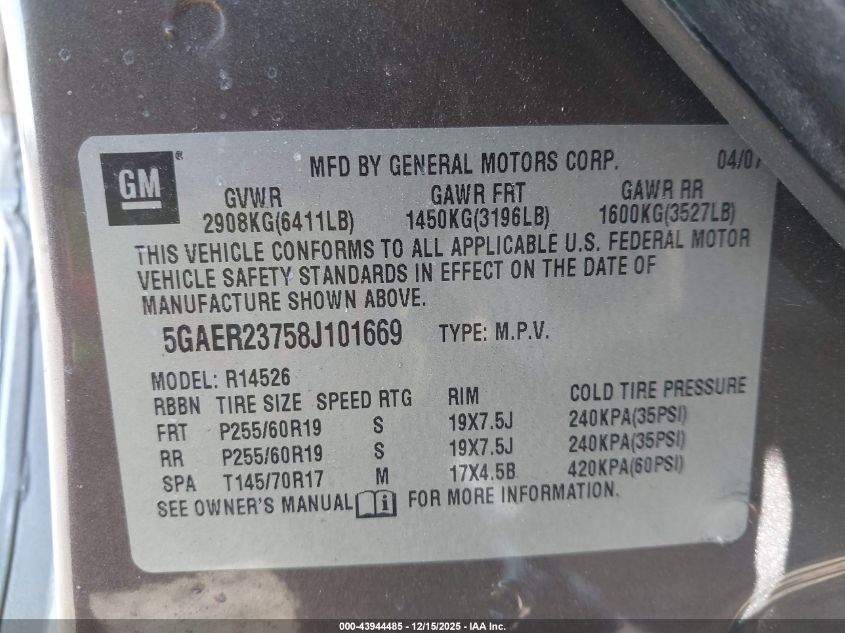 2008 Buick Enclave Cxl VIN: 5GAER23758J101669 Lot: 43944485