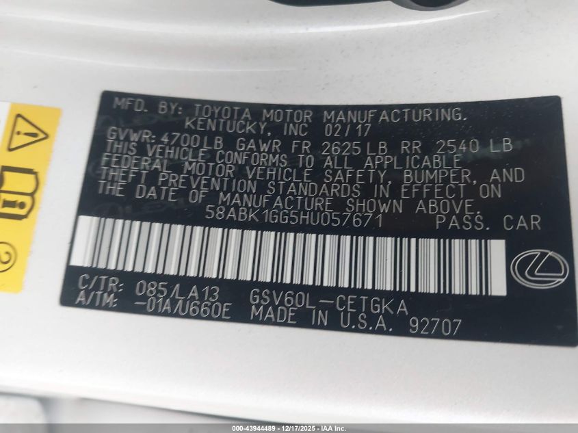 2017 Lexus Es 350 VIN: 58ABK1GG5HU057671 Lot: 43944489