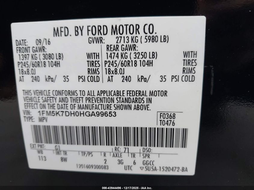 2017 Ford Explorer Xlt VIN: 1FM5K7DH0HGA99653 Lot: 43944496