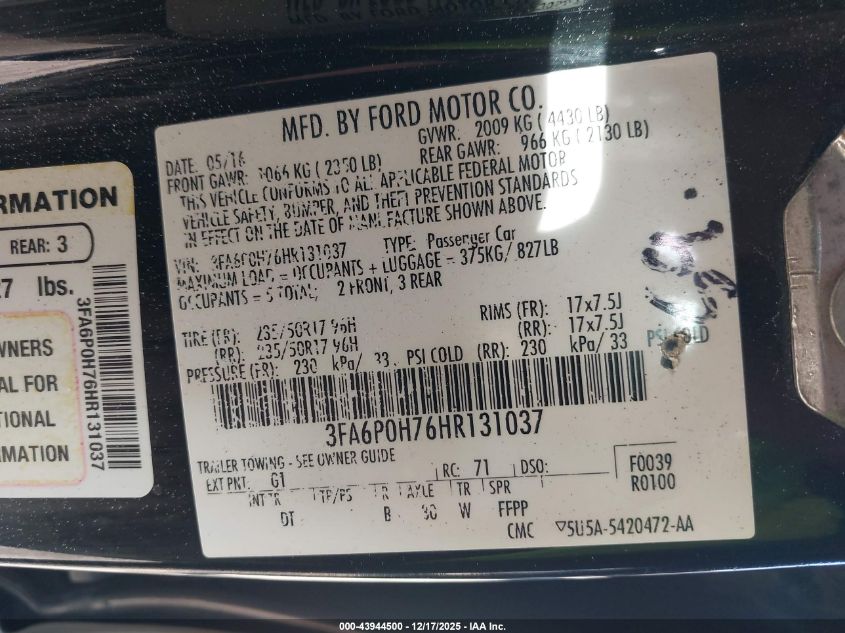 2017 Ford Fusion Se VIN: 3FA6P0H76HR131037 Lot: 43944500