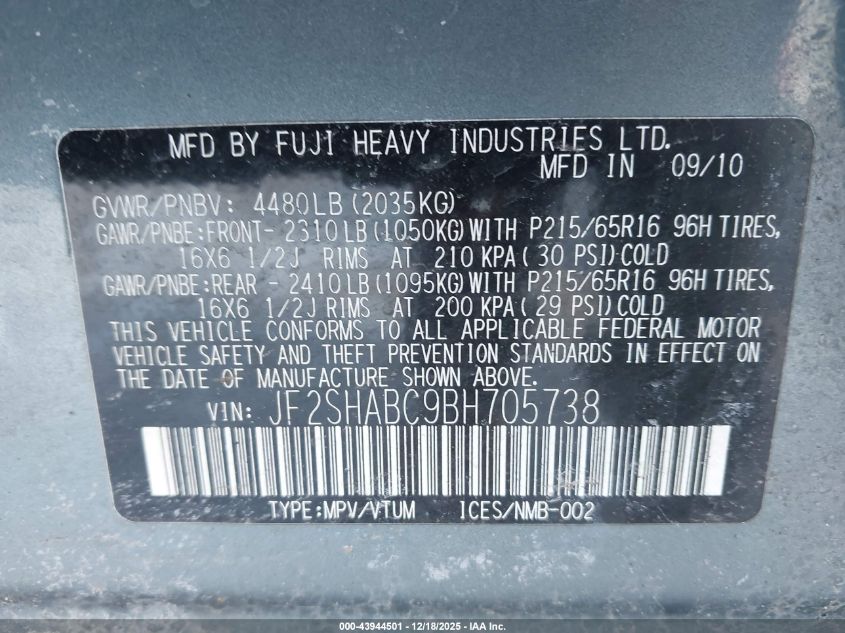 2011 Subaru Forester 2.5X VIN: JF2SHABC9BH705738 Lot: 43944501