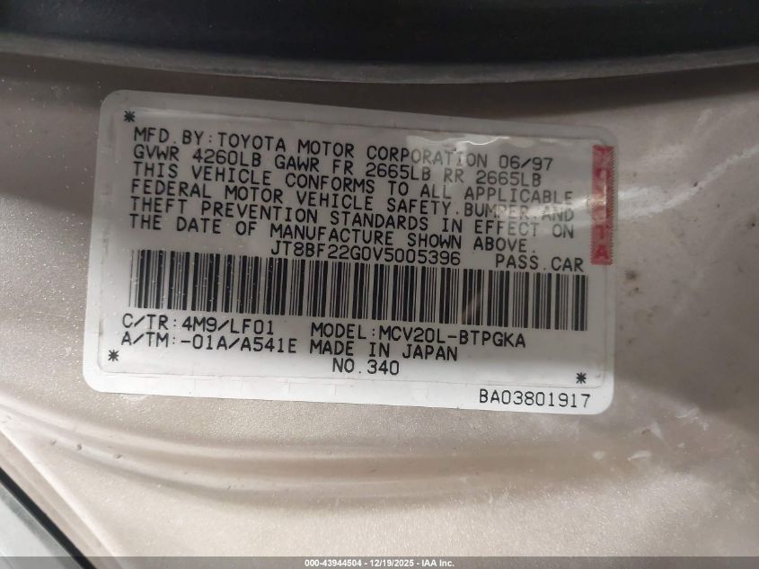 1997 Lexus Es 300 VIN: JT8BF22G0V5005396 Lot: 43944504