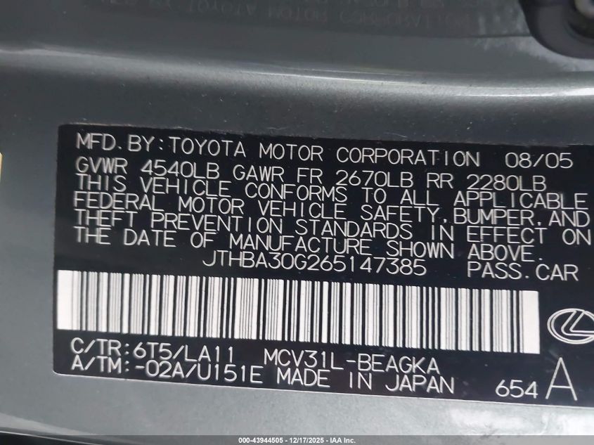 2006 Lexus Es 330 VIN: JTHBA30G265147385 Lot: 43944505