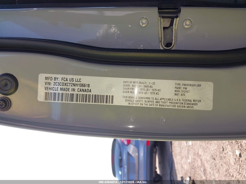 2022 Dodge Charger R/T VIN: 2C3CDXCT2NH106618 Lot: 43944510