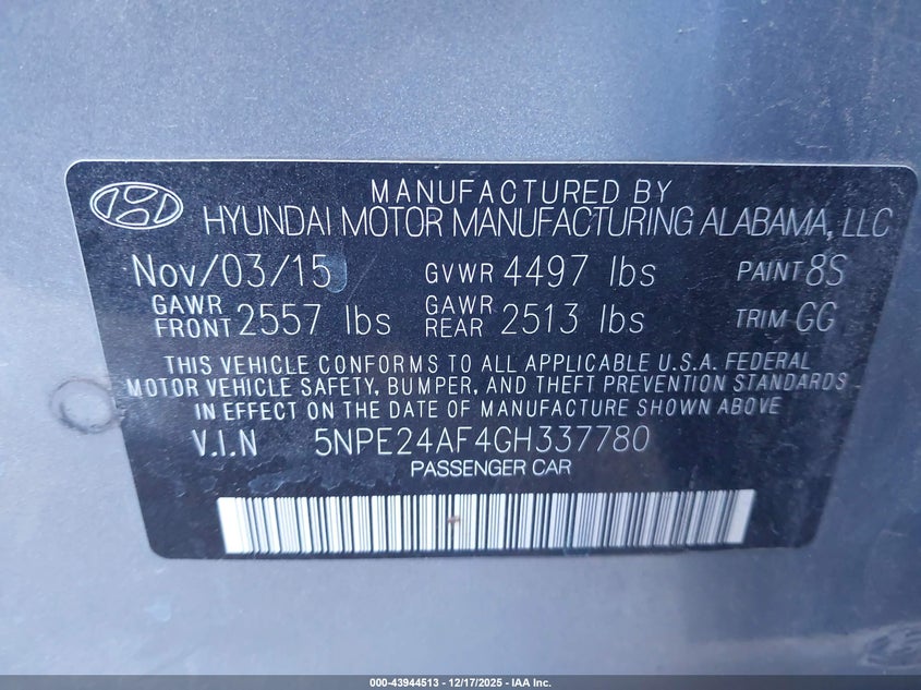 2016 Hyundai Sonata Se VIN: 5NPE24AF4GH337780 Lot: 43944513