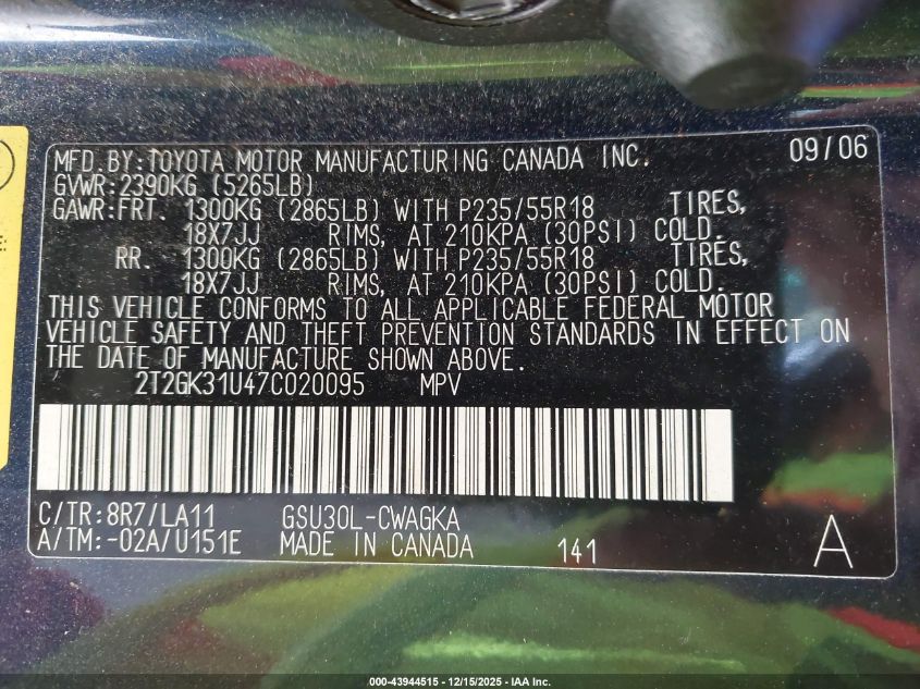 2007 Lexus Rx 350 VIN: 2T2GK31U47C020095 Lot: 43944515