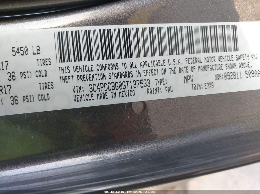 2016 Dodge Journey Sxt VIN: 3C4PDCBG0GT137533 Lot: 43944516