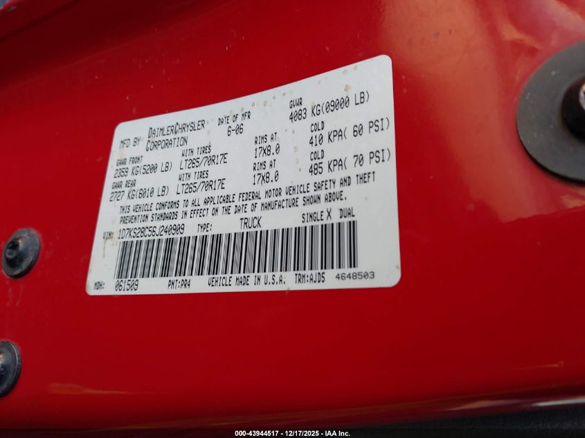 2006 Dodge Ram 2500 Slt/Trx4 Off Road/Sport/Power Wagon VIN: 1D7KS28C56J240909 Lot: 43944517