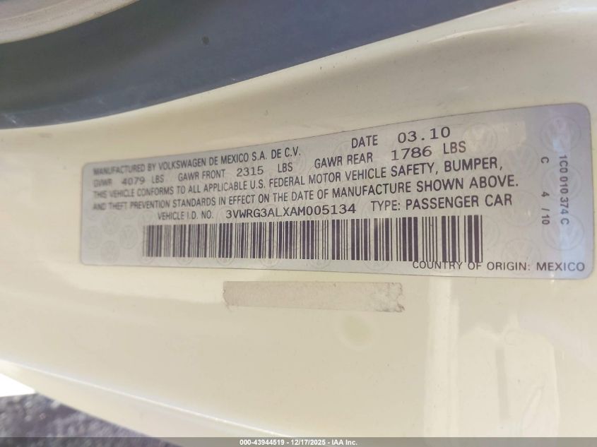 2010 Volkswagen New Beetle 2.5L VIN: 3VWRG3ALXAM005134 Lot: 43944519