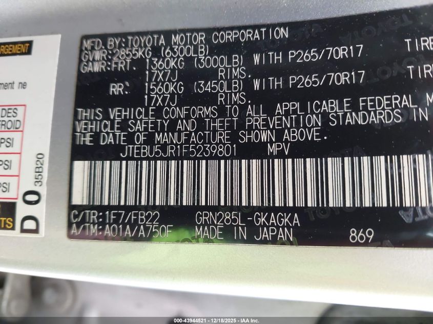 2015 Toyota 4Runner Sr5 VIN: JTEBU5JR1F5239801 Lot: 43944521