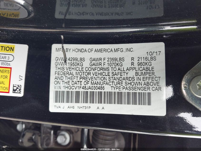 2018 Honda Accord Ex VIN: 1HGCV1F48JA030486 Lot: 43944525