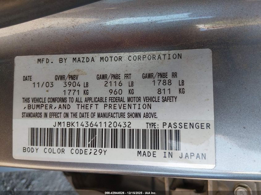 2004 Mazda Mazda3 S VIN: JM1BK143641120432 Lot: 43944526