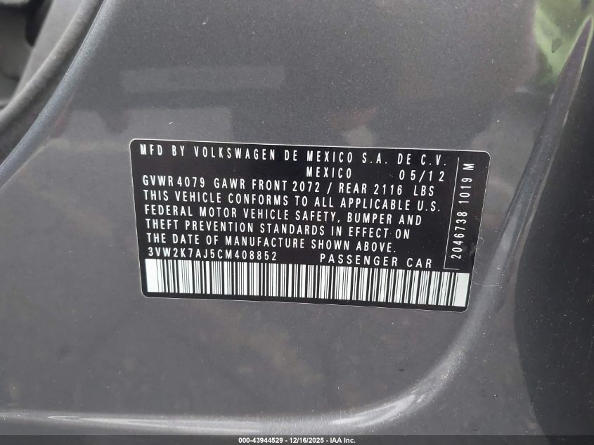 2012 Volkswagen Jetta 2.0L S VIN: 3VW2K7AJ5CM408852 Lot: 43944529