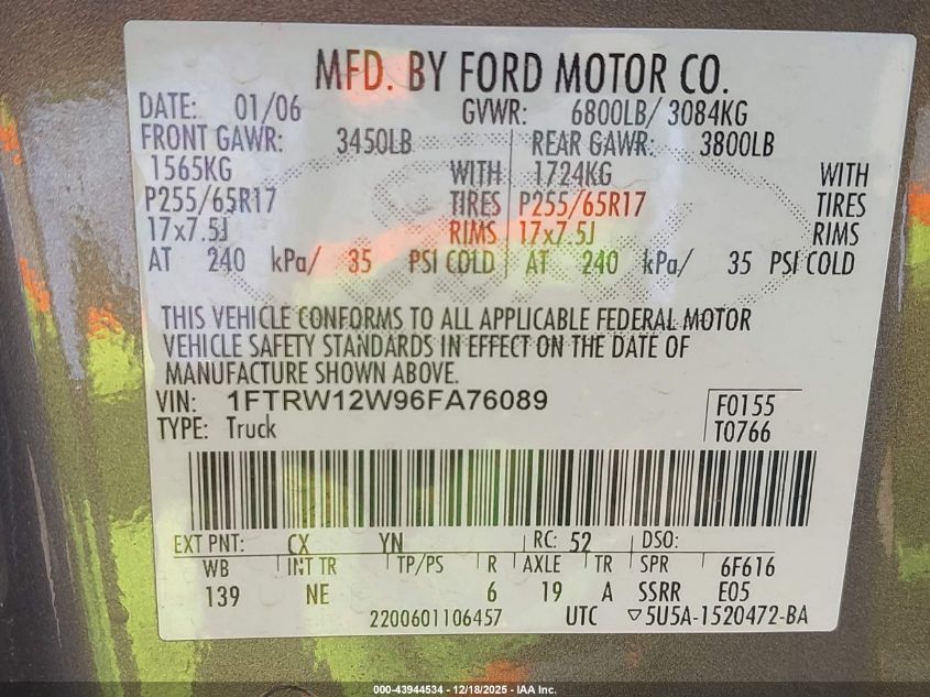 2006 Ford F-150 Xlt VIN: 1FTRW12W96FA76089 Lot: 43944534