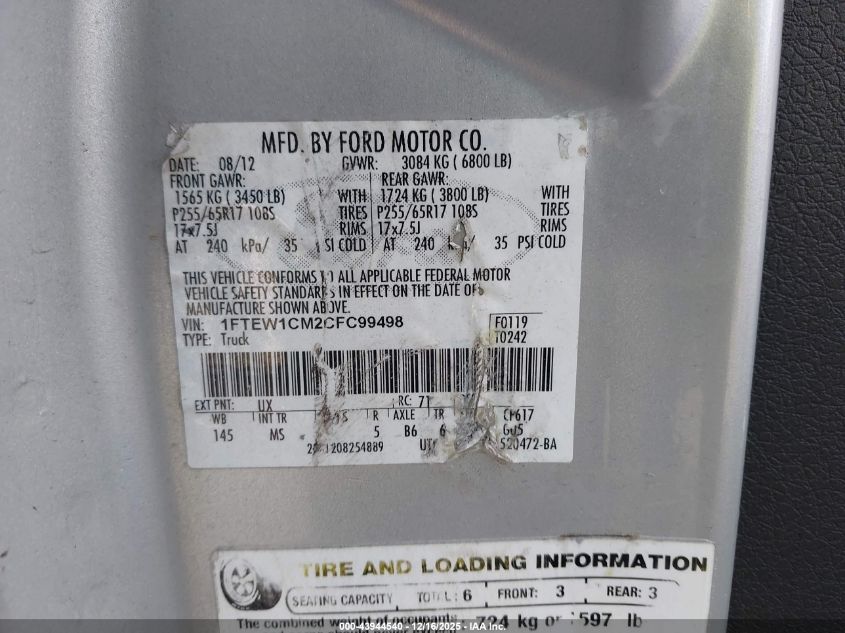 2012 Ford F-150 Xlt VIN: 1FTEW1CM2CFC99498 Lot: 43944540