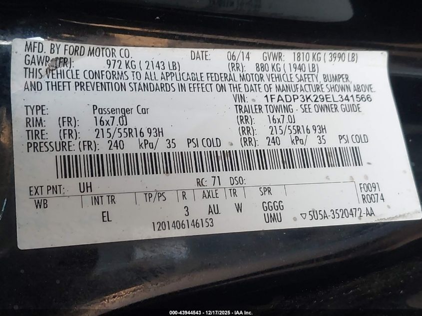 2014 Ford Focus Se VIN: 1FADP3K29EL341566 Lot: 43944543