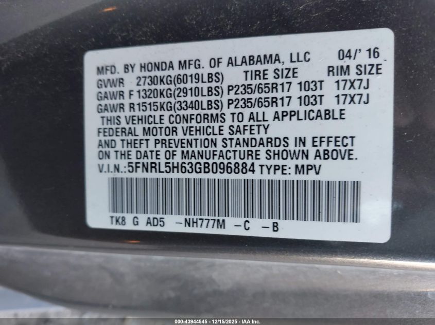 2016 Honda Odyssey Ex-L VIN: 5FNRL5H63GB096884 Lot: 43944545