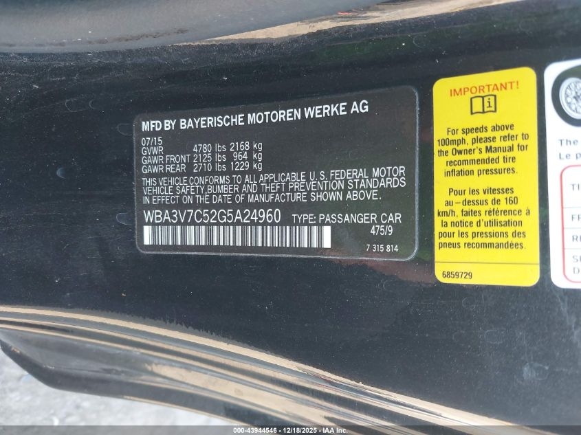 2016 BMW 428I VIN: WBA3V7C52G5A24960 Lot: 43944546