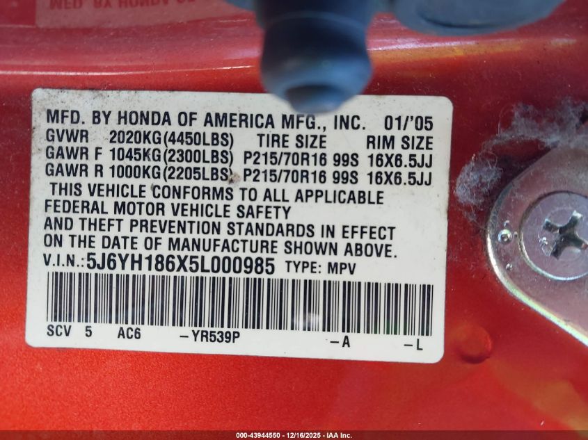 2005 Honda Element Ex VIN: 5J6YH186X5L000985 Lot: 43944550