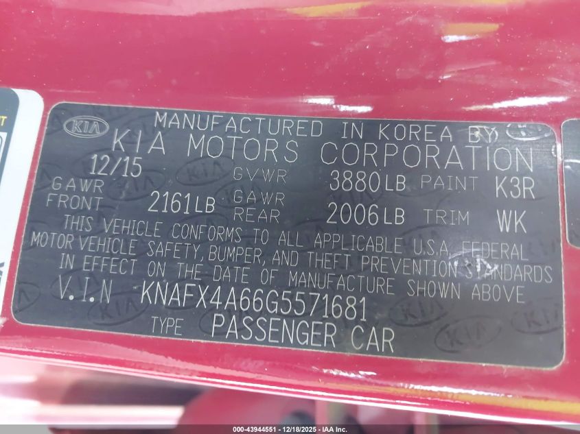 2016 Kia Forte Lx VIN: KNAFX4A66G5571681 Lot: 43944551