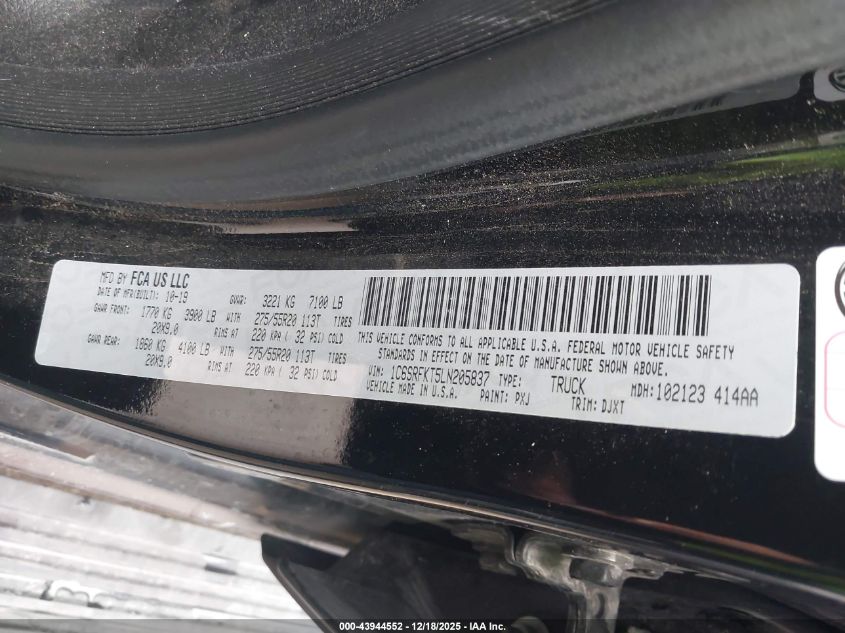 2020 Ram 1500 Laramie Longhorn 4X4 5'7 Box VIN: 1C6SRFKT5LN205837 Lot: 43944552