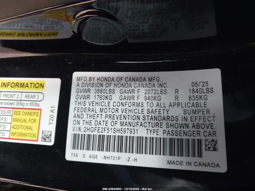 2025 Honda Civic - 2HGFE2F51SH597931