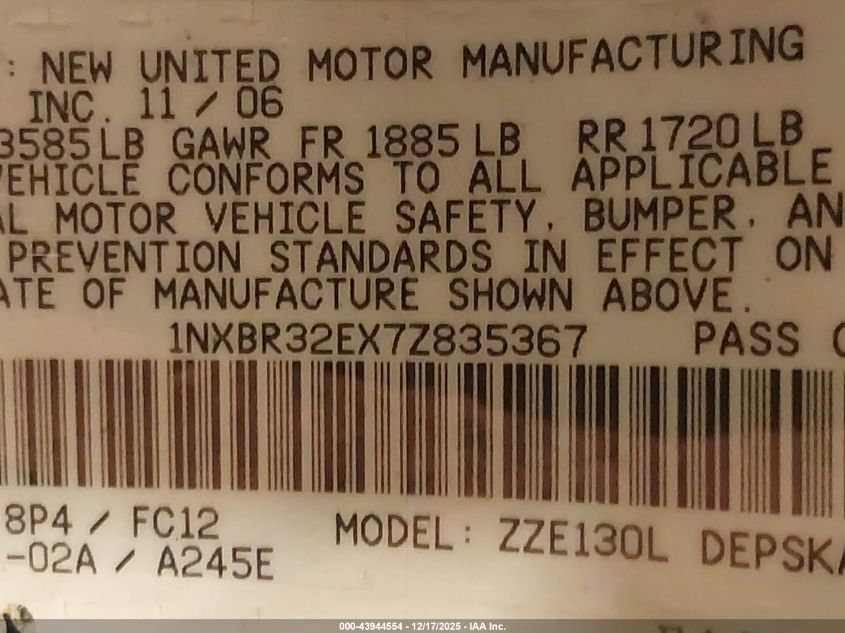 2007 Toyota Corolla S VIN: 1NXBR32EX7Z835367 Lot: 43944554