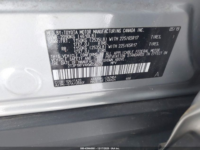 2019 Toyota Rav4 Xle VIN: 2T3P1RFV4KW056279 Lot: 43944561