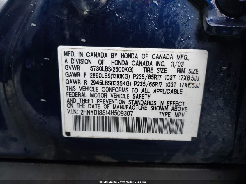 2004 Acura Mdx VIN: 2HNYD18814H509307 Lot: 43944562