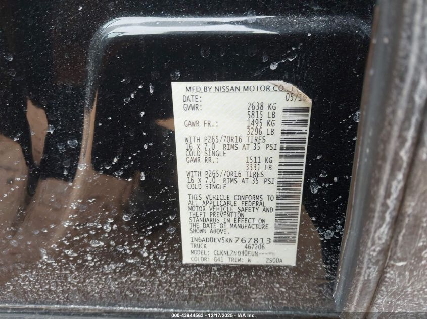2019 Nissan Frontier Sv VIN: 1N6AD0EV5KN767813 Lot: 43944563