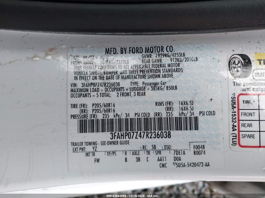 2007 Ford Fusion Se VIN: 3FAHP07Z47R236038 Lot: 43944566