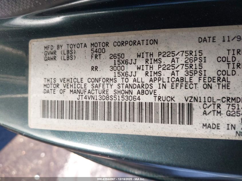 1995 Toyota Pickup 1/2 Ton Ex Lng Whlbase/Dx VIN: JT4VN13D8S5153064 Lot: 43944567