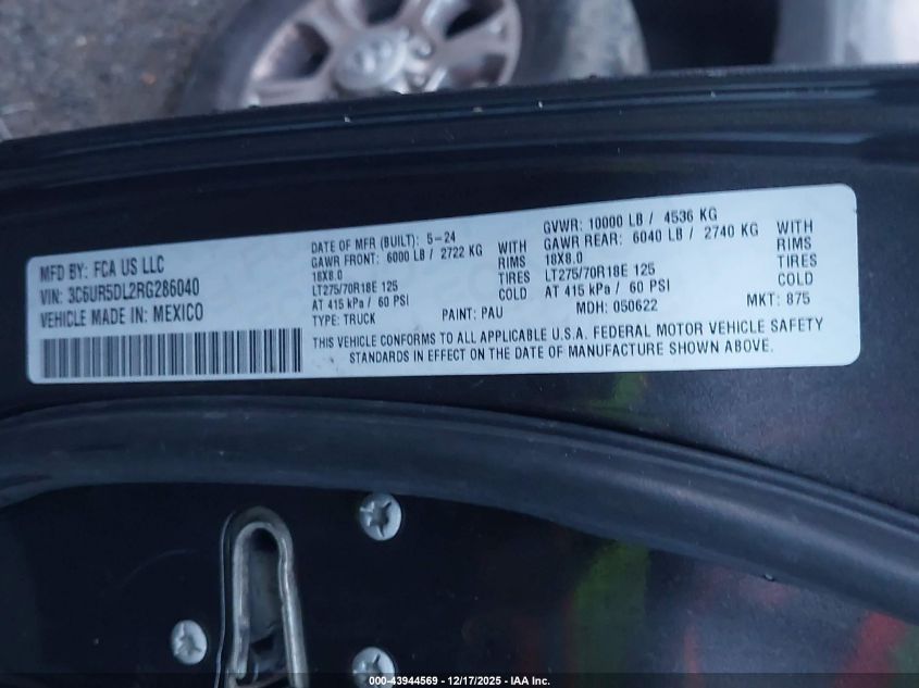 2024 Ram 2500 Big Horn 4X4 6'4 Box VIN: 3C6UR5DL2RG286040 Lot: 43944569