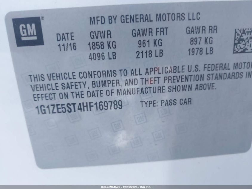 2017 Chevrolet Malibu 1Lt VIN: 1G1ZE5ST4HF169789 Lot: 43944570