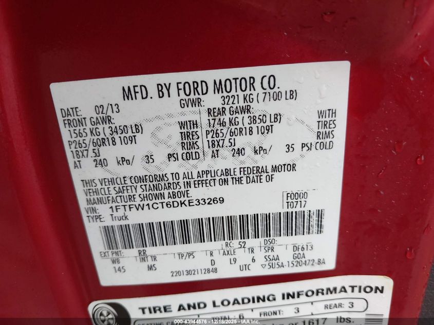 2013 Ford F-150 Xlt VIN: 1FTFW1CT6DKE33269 Lot: 43944576