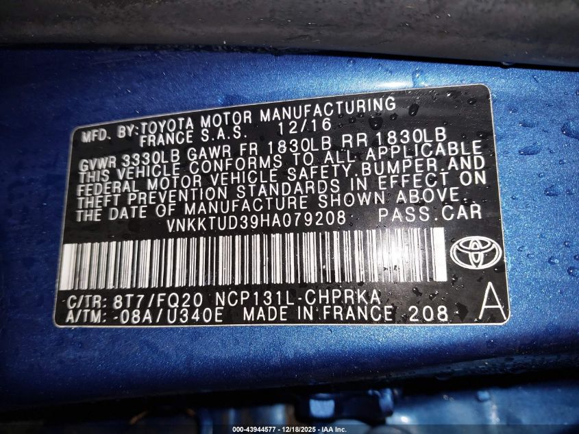 2017 Toyota Yaris L VIN: VNKKTUD39HA079208 Lot: 43944577