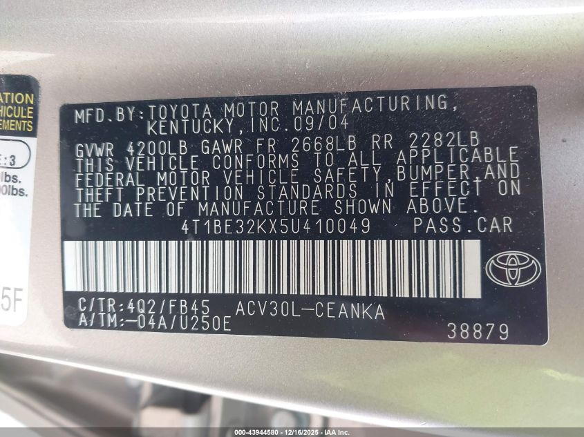 2005 Toyota Camry Le VIN: 4T1BE32KX5U410049 Lot: 43944580