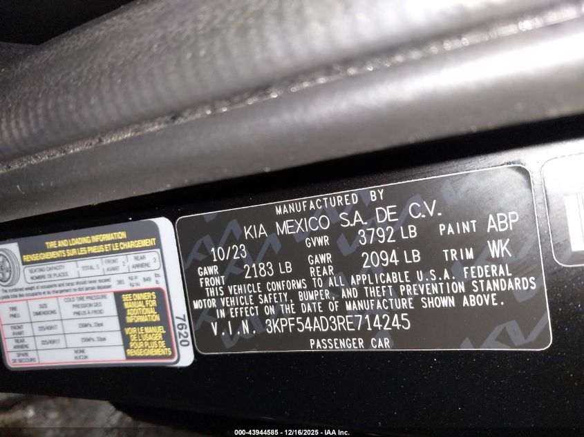 2024 Kia Forte Gt-Line VIN: 3KPF54AD3RE714245 Lot: 43944585