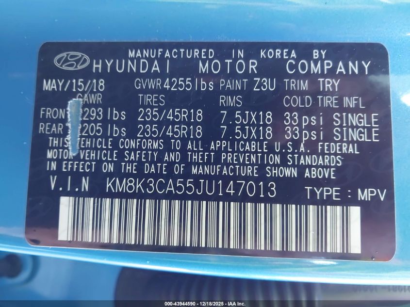 2018 Hyundai Kona Limited VIN: KM8K3CA55JU147013 Lot: 43944590