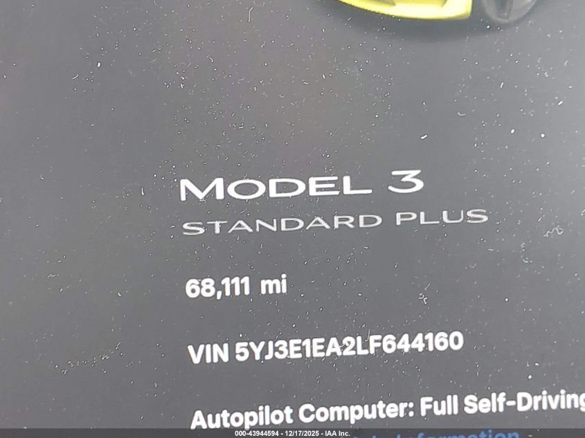 2020 Tesla Model 3 Standard Range Plus Rear-Wheel Drive/Standard Range Rear-Wheel Drive VIN: 5YJ3E1EA2LF644160 Lot: 43944594