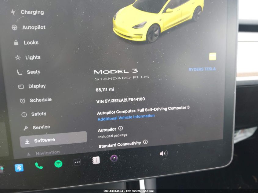 2020 Tesla Model 3 Standard Range Plus Rear-Wheel Drive/Standard Range Rear-Wheel Drive VIN: 5YJ3E1EA2LF644160 Lot: 43944594