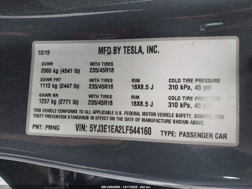 2020 Tesla Model 3 Standard Range Plus Rear-Wheel Drive/Standard Range Rear-Wheel Drive VIN: 5YJ3E1EA2LF644160 Lot: 43944594