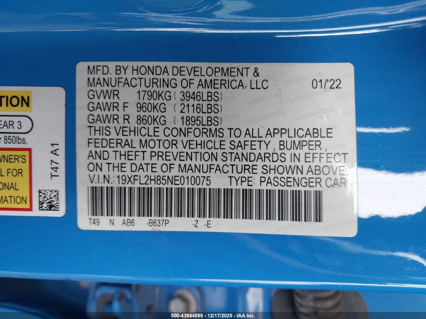 2022 Honda Civic Sport VIN: 19XFL2H85NE010075 Lot: 43944598