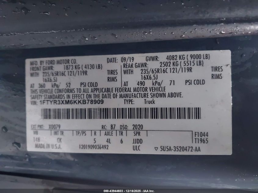 2019 Ford Transit-250 VIN: 1FTYR3XM6KKB78909 Lot: 43944603