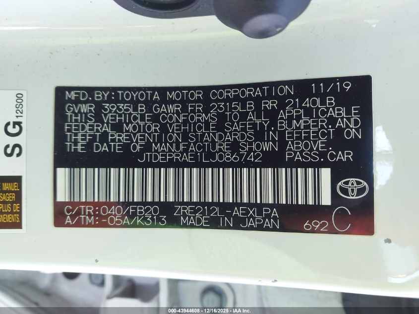 2020 Toyota Corolla Le VIN: JTDEPRAE1LJ086742 Lot: 43944608