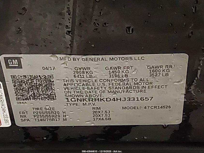 2017 Chevrolet Traverse 2Lt VIN: 1GNKRHKD4HJ331657 Lot: 43944610