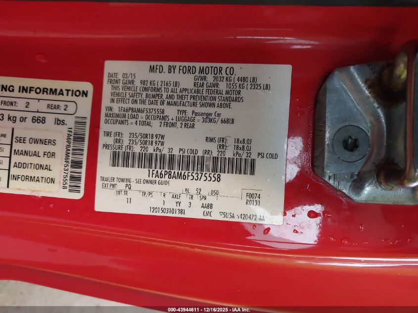 2015 Ford Mustang V6 VIN: 1FA6P8AM6F5375558 Lot: 43944611