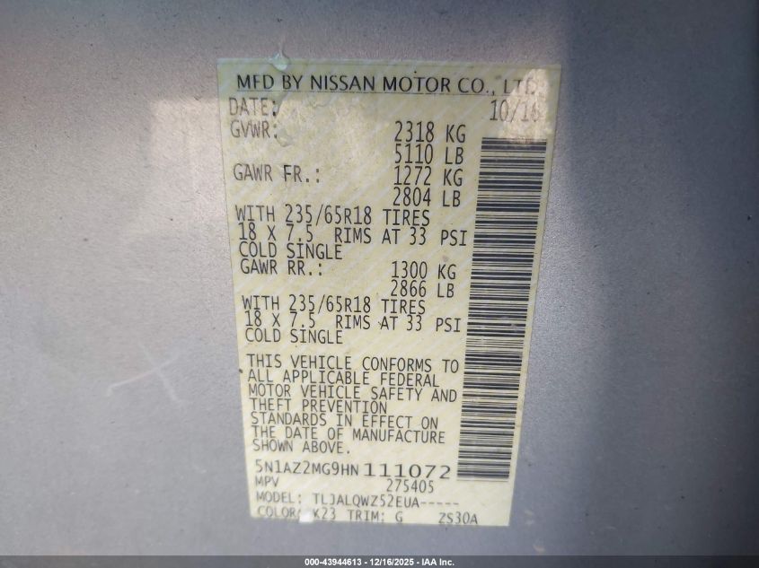 2017 Nissan Murano Sv VIN: 5N1AZ2MG9HN111072 Lot: 43944613