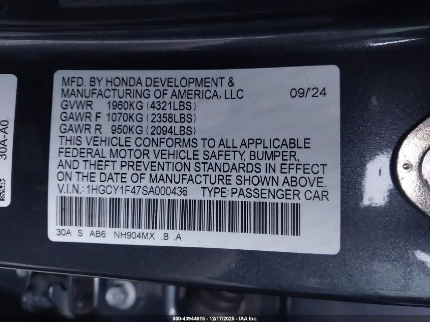 2025 Honda Accord Se VIN: 1HGCY1F47SA000436 Lot: 43944615